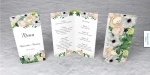 Menu weselne DL - Zimowe kwiaty, białe tło  - widok z przodu, tyłu i środka menu | Moje zaproszenia