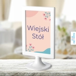 Tabliczka na stoły weselne - Różowe z napisem Wiejski Stół | Moje zaproszenia