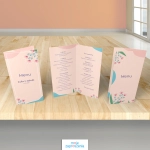 Różowe menu weselne DL - widok z przodu, tyłu i środka menu | Moje zaproszenia