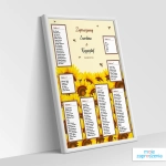 Oparty o ścianę plan stołów weselnych - Słoneczniki i pszczoły w białej ramce | Moje zaproszenia