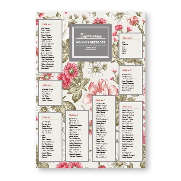 Plan stołów weselnych - Peonie i rumianek